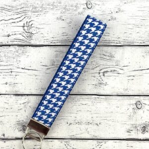 Blue and White Houndstooth Key Fob Keychain Wristlet